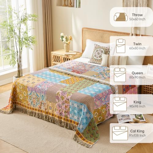 VANJOROY King Boho Throw Blanket, 100% Organic Cotton Breathable Skin-Friendly Ultra Soft 91" x 98" Bed Quilt Patchwork Throw - Floral Rustic Luxury Reversible Blanket for Sofa Couch Chair and Gift
