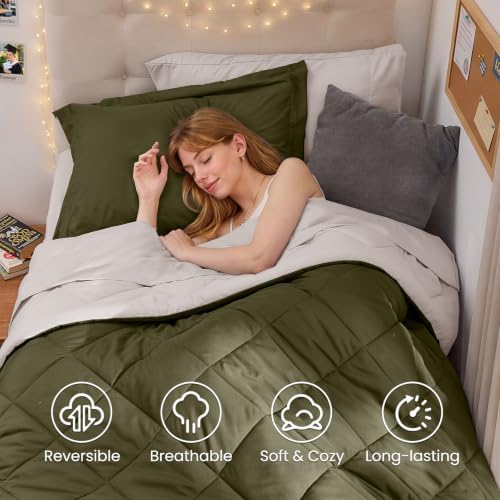 MUXHOMO 5 Pieces Twin XL Comforter Set, Reversible Bed in a Bag Twin XL Size, All Season Bedding Set with Comforter, Flat Sheet, Fitted Sheet, Pillowcases & Shams, Olive Green & Beige