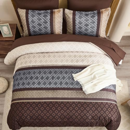 Striped Comforter Set Queen Size,Chocolate Brown Boho Bed in a Bag