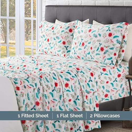 Elegant Comfort Luxuriously Soft 4-Piece Holiday Velvet Plush Flannel Sheet Set - Premium Quality - Cozy Warm, Christmas Fuzzy Velvet Flannel Fleece Deep Pocket Sheet Set - Queen, Winter Bloom
