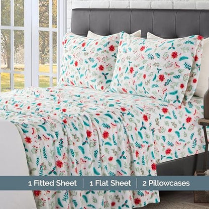 Elegant Comfort Luxuriously Soft 4-Piece Holiday Velvet Plush Flannel Sheet Set - Premium Quality - Cozy Warm, Christmas Fuzzy Velvet Flannel Fleece Deep Pocket Sheet Set - Cal King, Winter Bloom