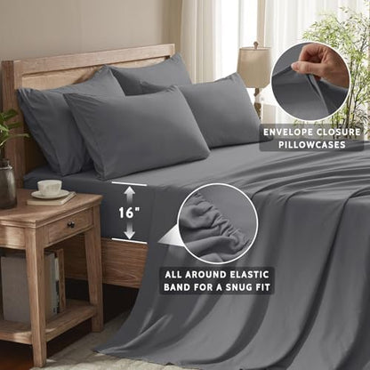 Full Size Bed Sheets - 6 Piece Soft Microfiber and Wrinkle Free Sheets - Easy Care, Extra Soft, Cooling Sheets - 1 Deep Pocket Fitted Sheet 1 Flat Sheet and 4 Pillowcases (Full Dark Grey)