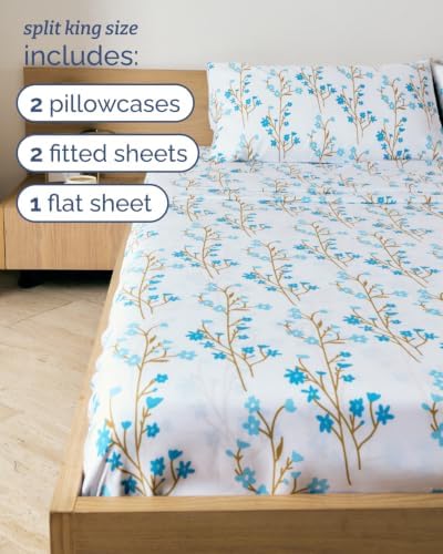 Split King 5 Piece Floral Sheet Set - Breathable & Cooling - Sea Spring