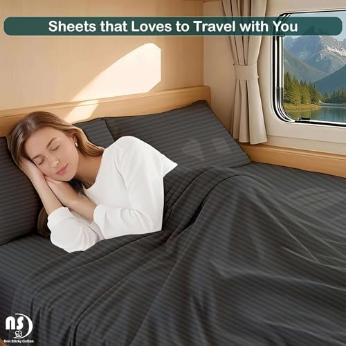 RV Short Queen Sheet Set 4 Piece - 100% Extra Long Staple Cotton, 400 Thread Count, Deep Pockets 15 to 18 Inches, Dark Grey Stripe, Hotel-Quality Bedding, Soft & Breathable Bedding for RV Bed