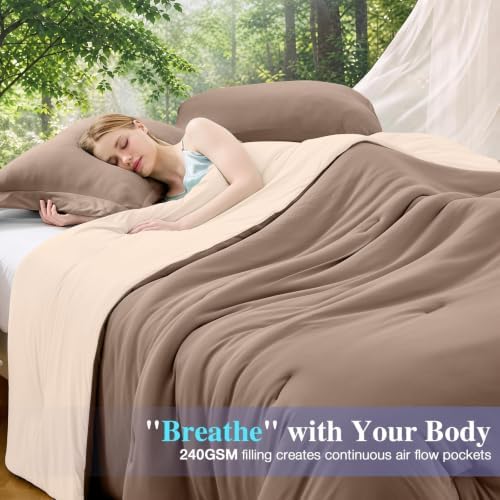 MUXHOMO Cooling Comforter Set King Size, Lightweight Summer Comforter for Hot Sleeper, Reversible Bedding with ICY Cooling Surface, Includes 1 Comforter (104"x90") and 2 Shams (20"x 36"), Khaki