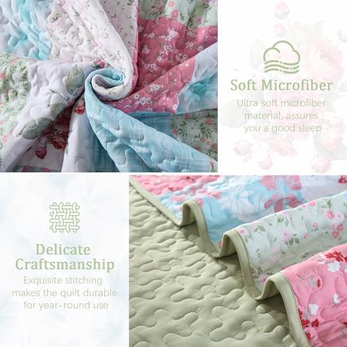 Mybedsoul Boho Quilts Queen Size, Patchwork Bedding Set, Blue Pink