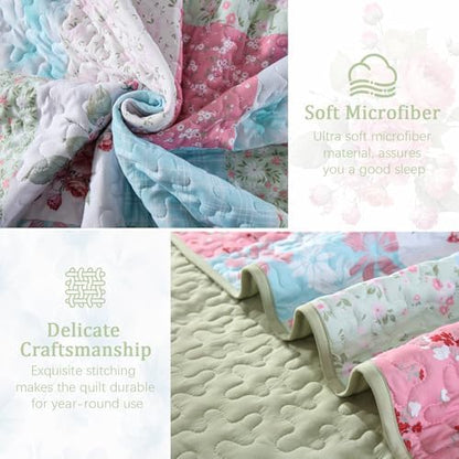 Mybedsoul Boho Quilts Queen Size, Patchwork Bedding Set, Blue Pink