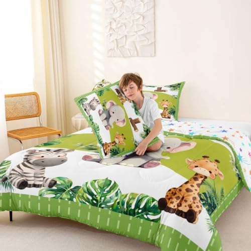 Feelyou Cartoon Animals Comforter Set Full Size Cute Elephant Zebra Leopard Giraffe Bedding Set for Kids Boys Girls Palm Leaves Duvet Quilt Bedroom Decor Microfiber 3 Pcs with 2 Pillow Cases
