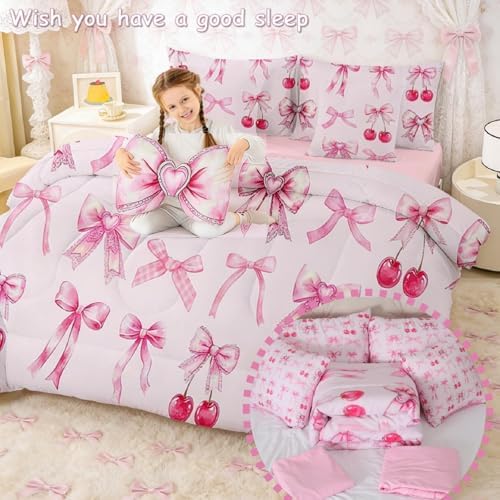 Pink Cherry Bow Bed in a Bag Queen Comforter Set 7 Piece,Cute Silk Ribbon Bowknot Bedding Set,Princess Bow Tie Comforter and Sheet Set Dreamy Kawaii Bed Set,Girly Light Pink Room Decor Aesthetic