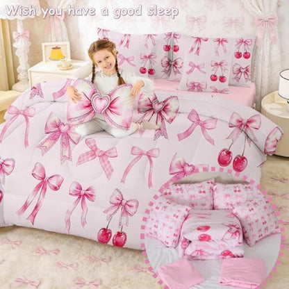 Pink Cherry Bow Bed in a Bag Queen Comforter Set 7 Piece,Cute Silk Ribbon Bowknot Bedding Set,Princess Bow Tie Comforter and Sheet Set Dreamy Kawaii Bed Set,Girly Light Pink Room Decor Aesthetic