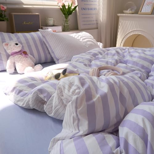 Striped Comforter Set Twin XL, Vintage Purple White Stripes Pattern Printed Bedding Set, Lightweight Soft Striped Bed Comforter with 2 Pillowcases, Farmhouse 3 Piece Comforter Set for All Season