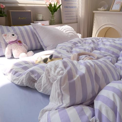 Striped Comforter Set Twin XL, Vintage Purple White Stripes Pattern Printed Bedding Set, Lightweight Soft Striped Bed Comforter with 2 Pillowcases, Farmhouse 3 Piece Comforter Set for All Season