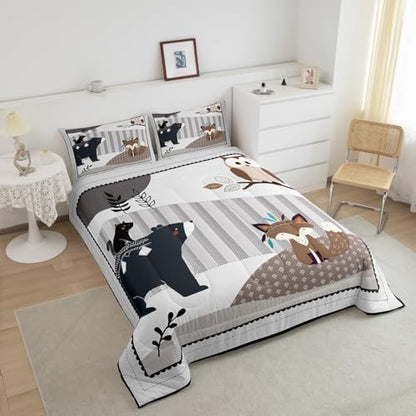 Castle Fairy Cartoon Animal Twin Size Comforter Set,Cute Bear Owl Fox and Plant Duvet Set for Kids Boys Bedroom,Exotic Indian Style Soft Microfiber Bedding Comforters,2 Pcs