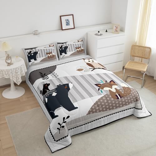 Cartoon Animal Bedding Comforters King Size,Cute Bear Owl Fox and Plant Comforter Set for Children Xmas Gift,Exotic Indian Style Quilt Set Bedroom Decor, 2 Pillowcases