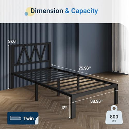 Avenco 14 Inch Twin Bed Frame with Headboard, Metal Platform Bed Frame, Twin Size Bed Frame No Box Spring Needed, Easy Assembly, Heavy Duty Slats Support, Black