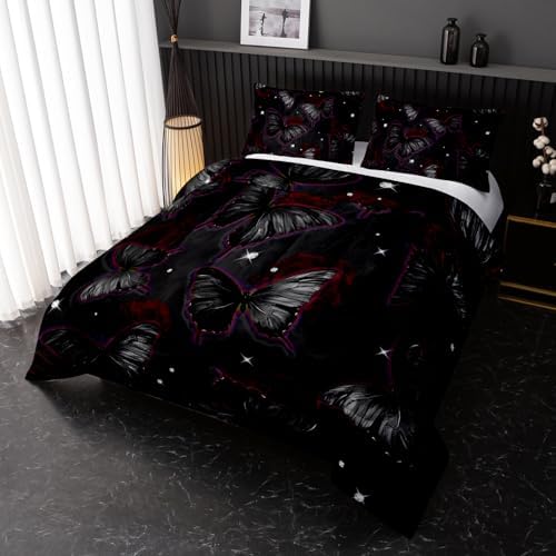Butterfly Flowers Comforter Sets King Size, Black Butterfly Flowers 3D Animal Pattern Kids Bedding Sets for Girls Teens 3 Piece Bedroom Decor Comforter with 2 Pillowcases
