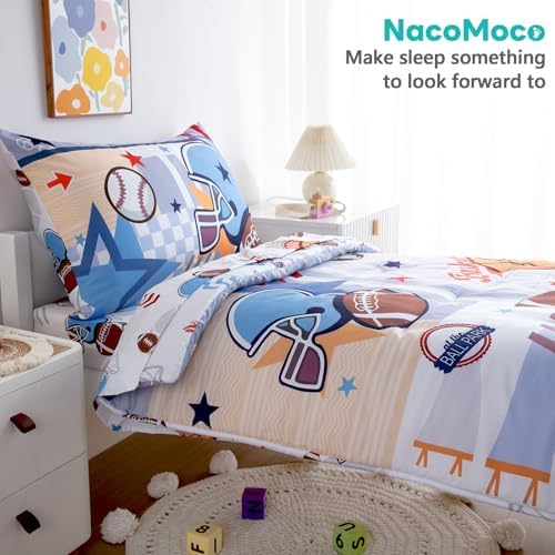 4-Piece Toddler Bedding Set for Boys - Soft & Skin Friendly Toddler Bed Set Includes Toddler Comforter, Flat Sheet, Fitted Sheet and Pillowcase (Sports)