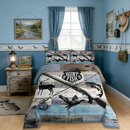Hunt Fish Bedding Comforters Queen Size,Deer Bird Fish Animal Hunting Comforter Set Adult Women Room Decor,Rustic Retro Wooden Board Soft Duvet Set with 2 Pillowcases,3Pcs