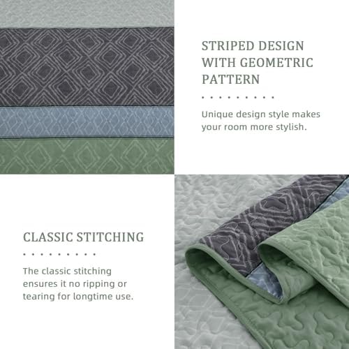 Cottolester Boho Full Quilt Set,Grey Green Striped Plaid Bedspread Coverlet