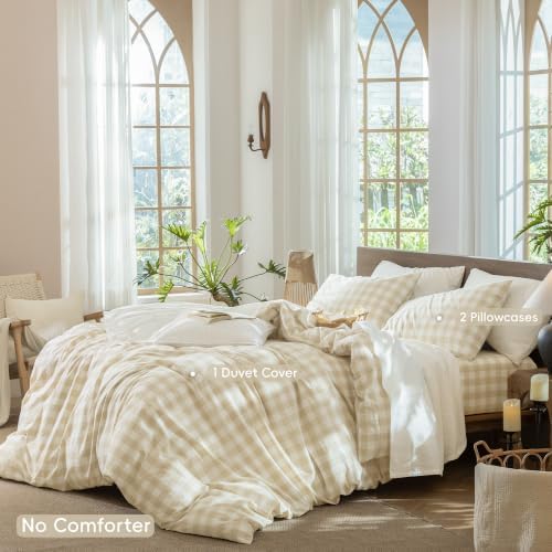 MooMee Gingham Duvet Cover Set 100% Washed Cotton Linen Like