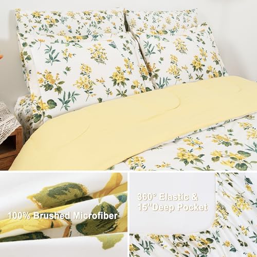 lasoftan Floral King Comforter Set with Sheets, 7 piece Luxury Vintage Bedding, Soft Microfiber Bed in a Bag, Cozy Lightweight Bed Set, Yellow Flower Green Leaves
