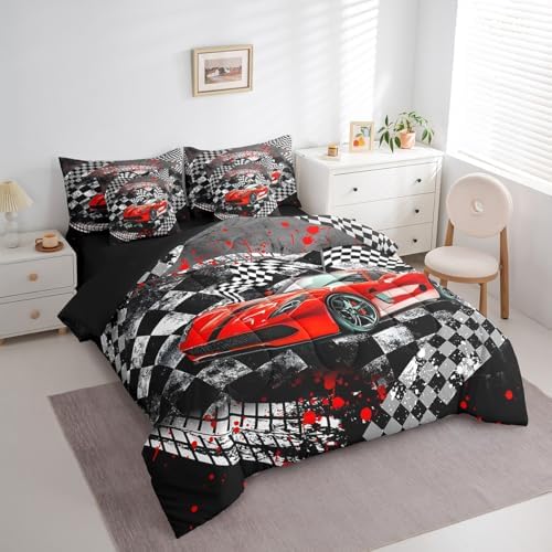 Castle Fairy Boys Red Race Car Comforter Set Bed in a Bag 7 Pieces Full,Speed Sports Car Bedding Set,Fast and Furious (Comforter+Fitted+Flat Sheet+2 Pillowcases+2 Throw Pillow Covers)