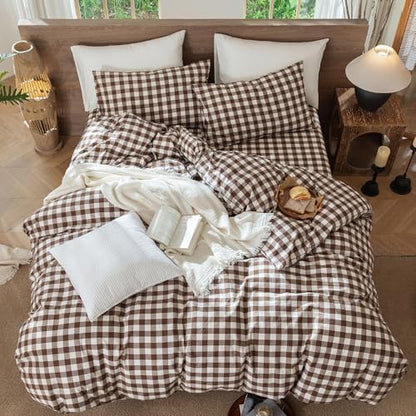 MooMee Gingham Duvet Cover Set 100% Washed Cotton Linen Like