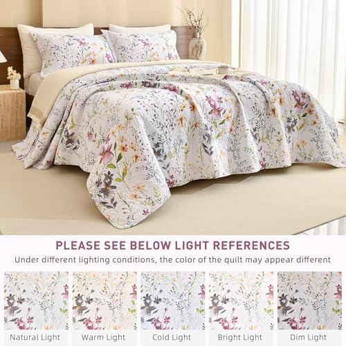 Lady Ann Wild Floral Printed Bed King Quilt Set 100% Cotton Yellow Flower Botanical Pattern Bedding, Vintage Lightweight Coverlet Ultra Soft Bedspread Set with Pillow Shams for All Season, 3 PCS