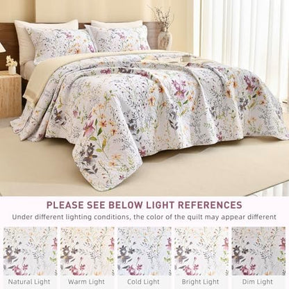 Lady Ann Wild Floral Printed Bed King Quilt Set 100% Cotton Yellow Flower Botanical Pattern Bedding, Vintage Lightweight Coverlet Ultra Soft Bedspread Set with Pillow Shams for All Season, 3 PCS