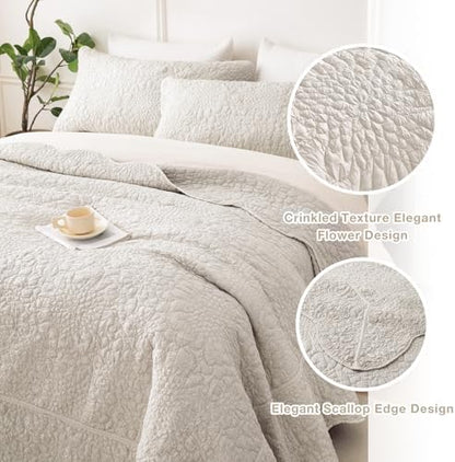 Masaca Oversized King Quilt 120x120,Wheat Crinkled Oversized California King Bedspread Shabby Boho Chic Rustic Lightweight Stone-Washed Scallop Extra Large Quilt Bedding Set Ultra Soft