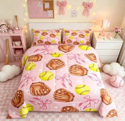 Cartoon Baseball Bedding Sets King Size,Pink Silk Bow Print Comforter Set 3Pcs for Teens Adult Woman Men Room Decor,Coquette Little Star Quilted Duvet Brown Baseball Glove Down Comforter,2 Pillowcases