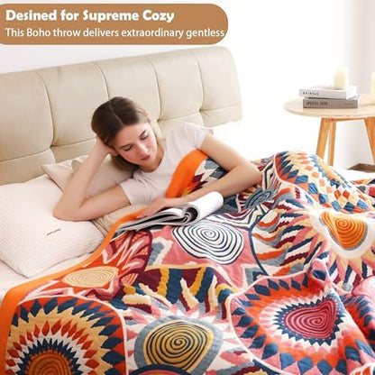 VANJOROY Boho Throw Blanket, 100% Organic Muslin Cotton Skin-friendly Breathable Ultra Soft Bed Quilt Throw - All Season Bohemian Decor Luxury Colorful Blanket for Sofa Couch Chair and Gift. 80" x 90"