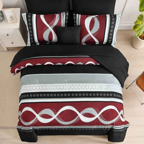 Anibedding Burgundy Comforter Set King Size,8 Pieces Boho Bed in a Bag
