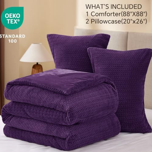 ChiXpace Fleece Queen Comforter Set Purple, Fluffy Flannel Bed Set 3 Pieces