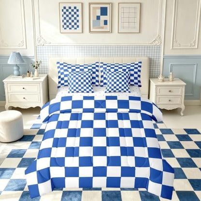 Feelyou Checkered Retro 7 Piece Bedding Set Teen Women Men Blue White Plaid Comforter Set with Sheets King Size Kids Boys Geometric Vintage Bed in a Bag Modern Simple Groovy Aesthetic Room Decor