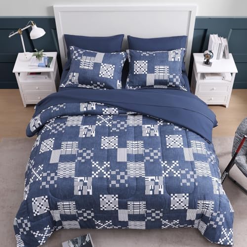 Plaid Queen Comforter Set Navy Blue 7 Pieces Bed in a Bag for Boys Teen