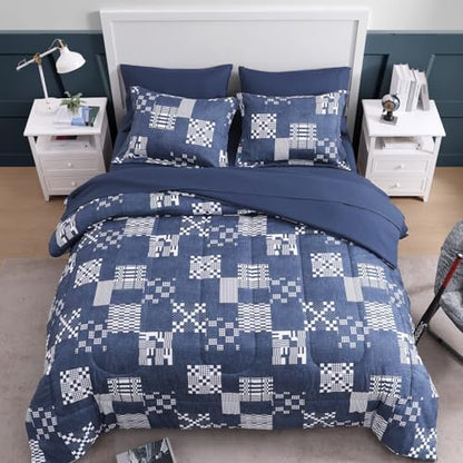 Plaid Queen Comforter Set Navy Blue 7 Pieces Bed in a Bag for Boys Teen