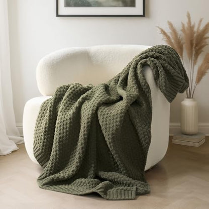 EVERGRACEHOME Chunky Chenille Knit Throw Blanket, 60 x 80, Olive Green