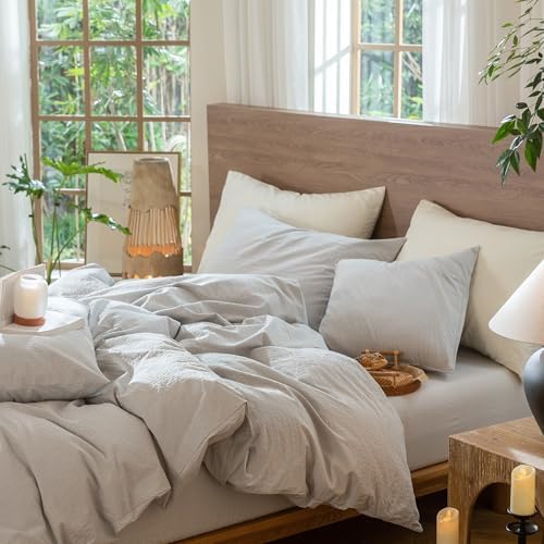 MooMee Wavy Striped Duvet Cover Set 100% Washed Cotton Linen Like Textured Breathable Durable Soft Comfy (Light Grey, Queen 90"x90")