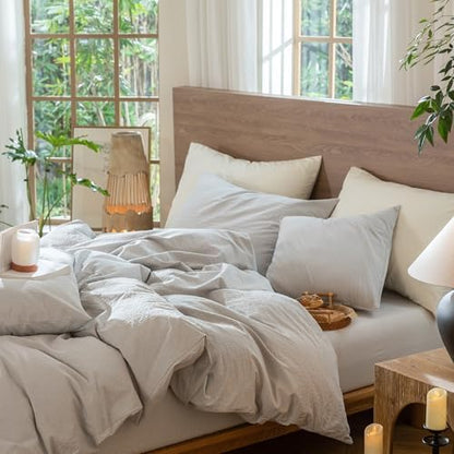 MooMee Wavy Striped Duvet Cover Set 100% Washed Cotton Linen Like Textured Breathable Durable Soft Comfy (Light Grey, King 104"x90")