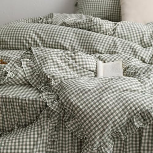 mixinni Green Gingham Ruffle Duvet Cover Full Size 3 Pieces – 100% Washed Cotton, Vintage Plaid Ruffled Bedding Set with Zipper Ties, Soft Checkered Grid Farmhouse Chic Comforter Cover Set