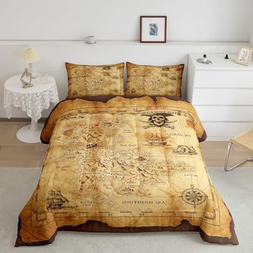 Castle Fairy Nautical Map Bedding Set King Size,Pirate Boat Compass Comforter Set 3Pcs,Kids Boys Teens Adult Bedroom Decor Ocean Adventure Quilt Set Vintage Brown Duvet Insert with 2 Pillowcases
