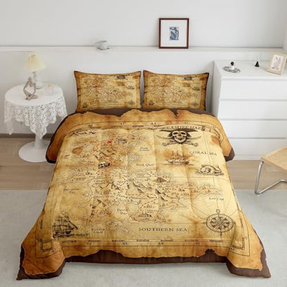 Castle Fairy Nautical Map Bedding Set King Size,Pirate Boat Compass Comforter Set 3Pcs,Kids Boys Teens Adult Bedroom Decor Ocean Adventure Quilt Set Vintage Brown Duvet Insert with 2 Pillowcases