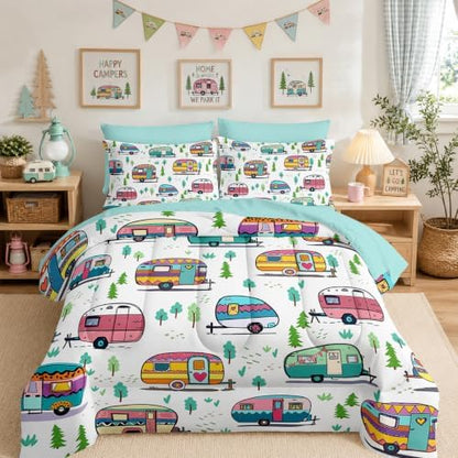 HOSIMA 7Pcs Forest Print Cartoon Camping Full Comforter Set with Sheets.
