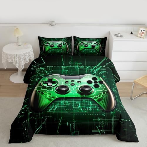 Modern Gamepad King Size Comforter Set,Kids Green Geometric Gradient Game Decor All Season Bedding Set,Teens Video Games Comforter,Cool Player Gaming Decor Quilt Set Bedroom Collection 3Pcs