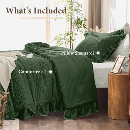 JOLLYVOGUE Olive Green Twin/Twin XL Comforter Set, 2pcs Seersucker Bed Set