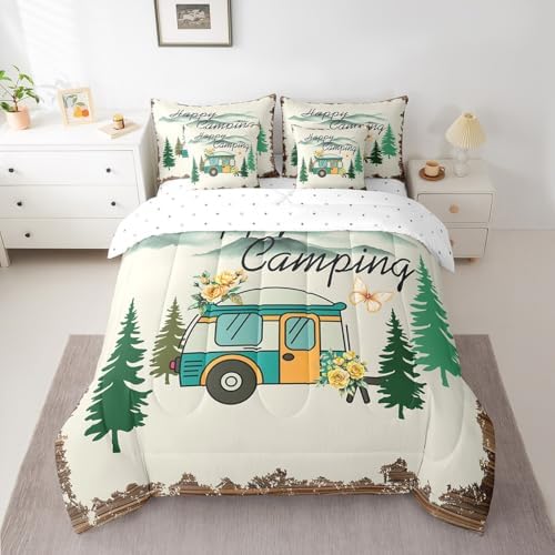 Erosebridal Camping Themed Comforter Set Queen Size,Travel RV Bedding Set for Kids Teens,Vintage Watercolor (Comforter+Fitted+Flat Sheet+2 Pillowcases+2 Throw Pillow Covers) 7 Pieces Bed Set
