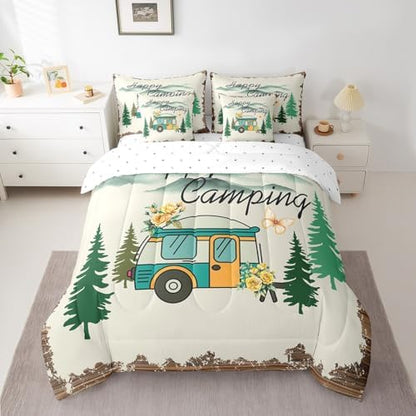 Erosebridal Camping Themed Comforter Set Queen Size,Travel RV Bedding Set for Kids Teens,Vintage Watercolor (Comforter+Fitted+Flat Sheet+2 Pillowcases+2 Throw Pillow Covers) 7 Pieces Bed Set