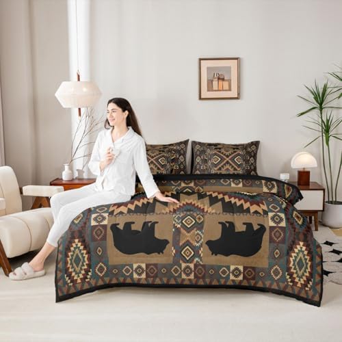 Erosebridal Rustic Cabin Bedding Set King Farmhouse Lodge Bear Comforter Set 7 Piece Vintage Southwestern Bed in A Bag Western Hunting Wildlife Quilt with Flat Fitted Sheet Bear Cabin Decor