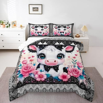 Feelyou Kids Cute Highland Cow Comforter Set Queen Size Cartoon Highland Cattle Bowknot Bedding Set Boys Girls Flowers Floral Printed Quilt Set Black Lace Pattern Bed Set